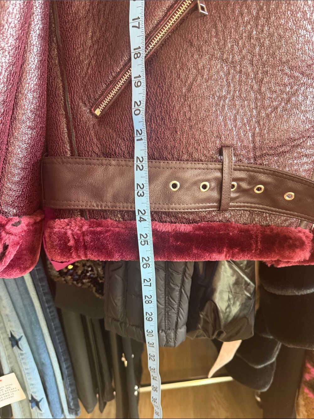 Commense Women’s Burgundy/Brown Vegan Shearling/Leather Moto Jacket - Picture 16 of 16
